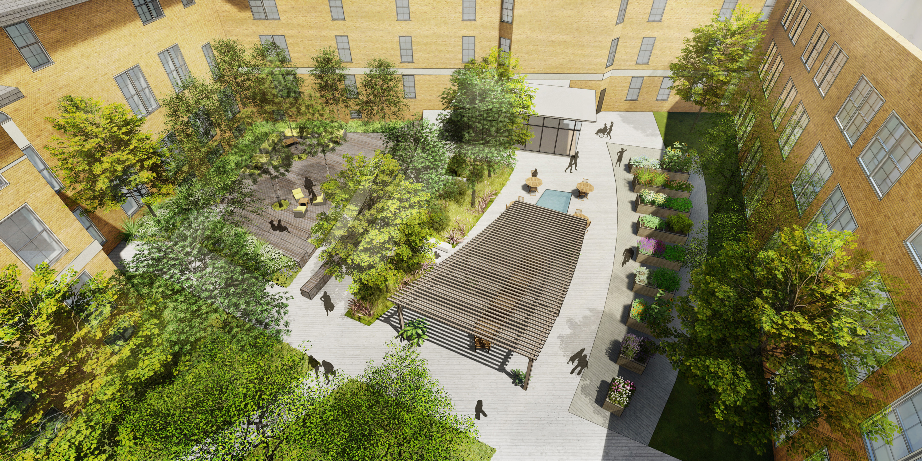 A rendering of the courtyard at the site.