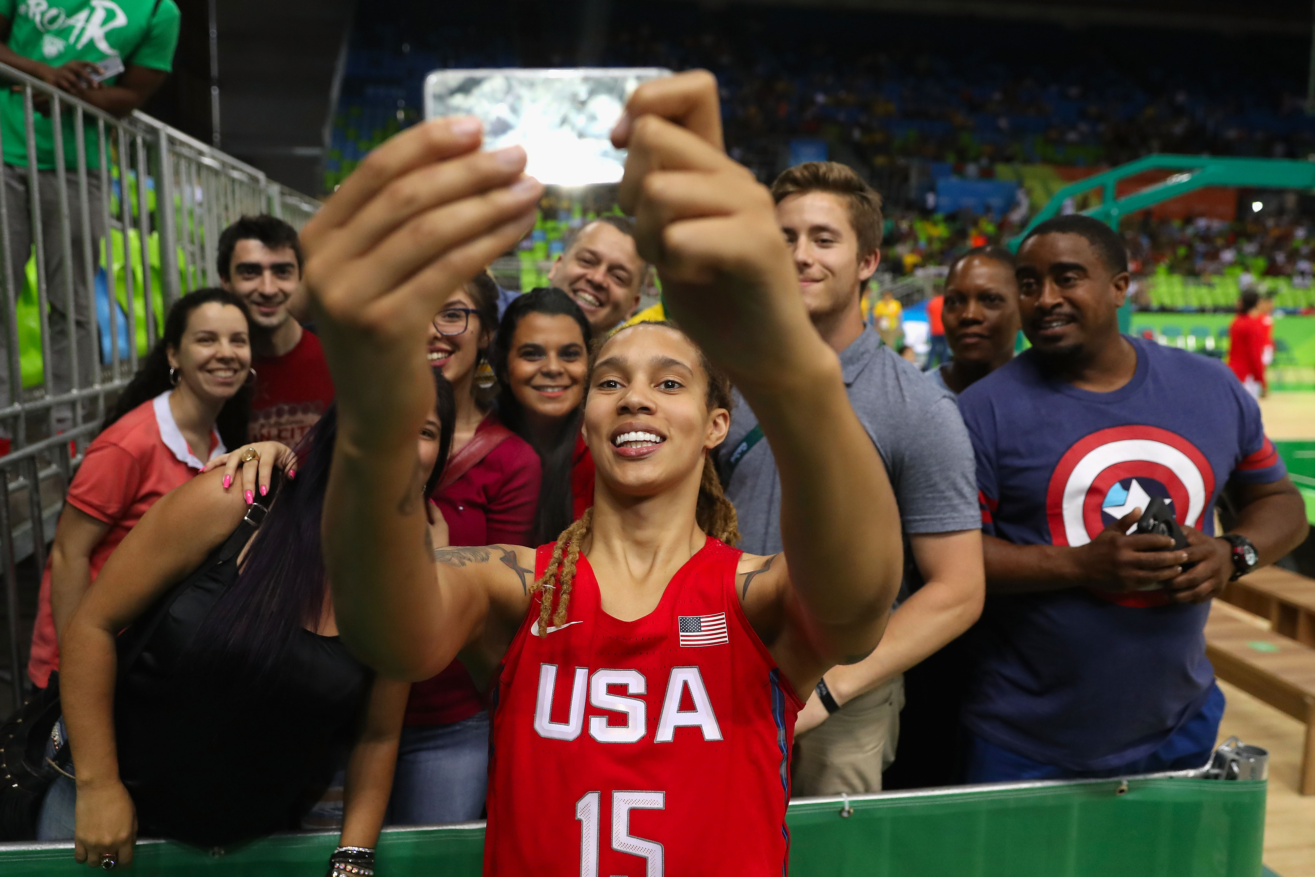 Brittney Griner posed for a selfie with fans Monday after the US defeated Spain.