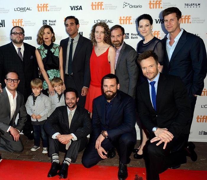 Top row, from left to right: “Adult Beginners” Director Ross Katz, actress Rose Byrne, actor Bobby Cannavale, writers Liz Flahive and Jeff Cox, producer Karrie Cox, and producer Paul Bernon. Bottom row: producer Sam Slater, actors Caleb and Matthew Paddock, actor/producer Nick Kroll, producer Marcus Cox, and actor Joel McHale.