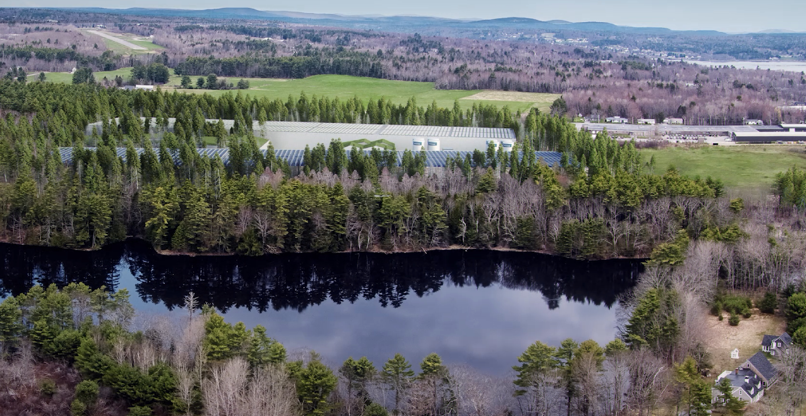 Renderings of an indoor salmon farm in Belfast, Maine.