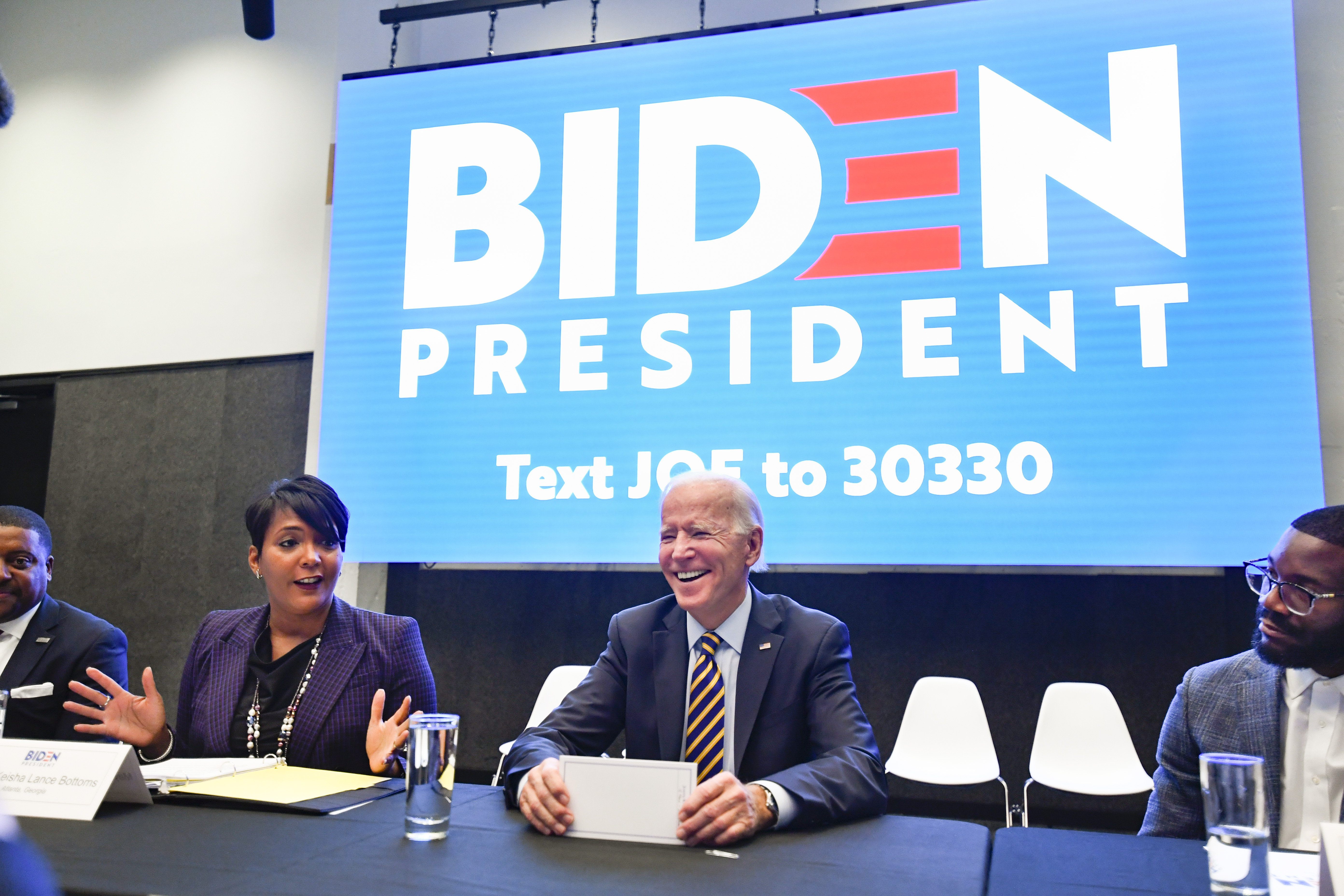 Joe Biden reacted as he was introduced by Atlanta Mayor Keisha Lance Bottoms during an event in Atlanta in November.