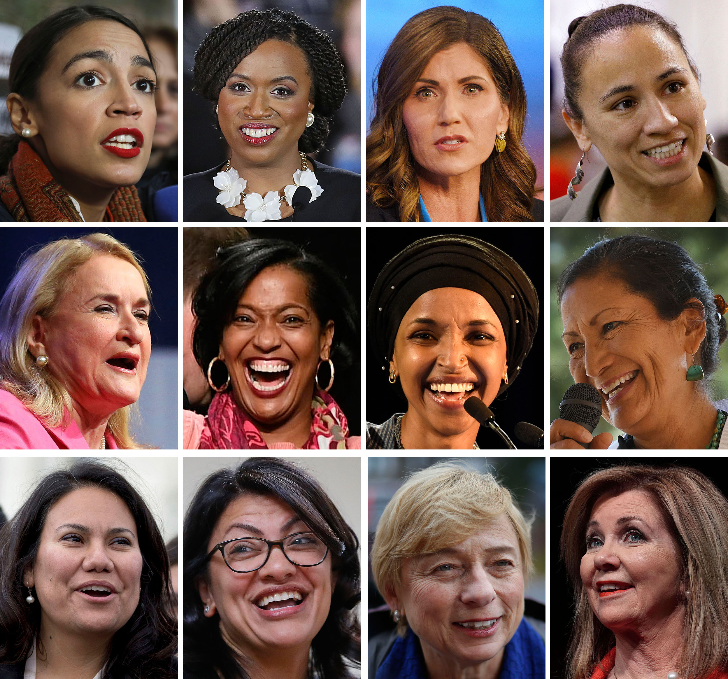 From left to right, top to bottom: Alexandria Ocasio-Cortez, Ayana Pressley, Kristi Noem, Sharice Davids, Sylvia Garcia, Jahana Hayes, Ilhan Omar, Deb Haaland, Veronica Escobar, Rashida Tlaib, Janet Mills and Marsha Blackburn.