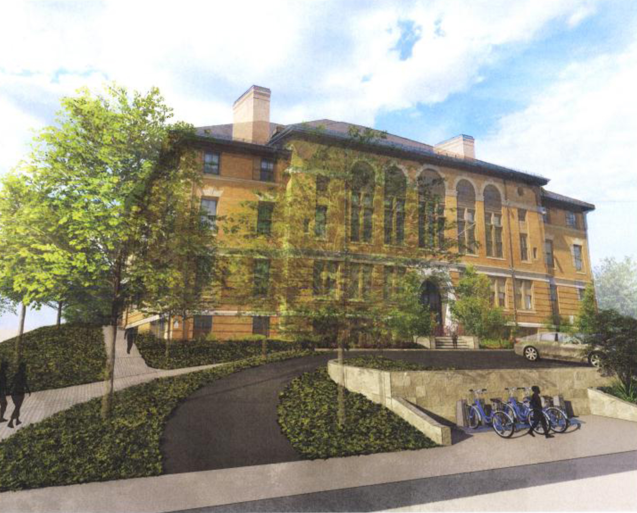 A rendering of the plan to adapt the former Barton Rogers School into LGBTQ-friendly affordable senior housing.