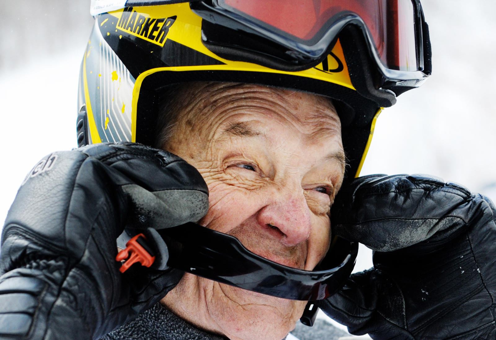 John Kielty, 84, shown after racing Saturday, recalled that his first pair of hickory skis were strapped to his street shoes.