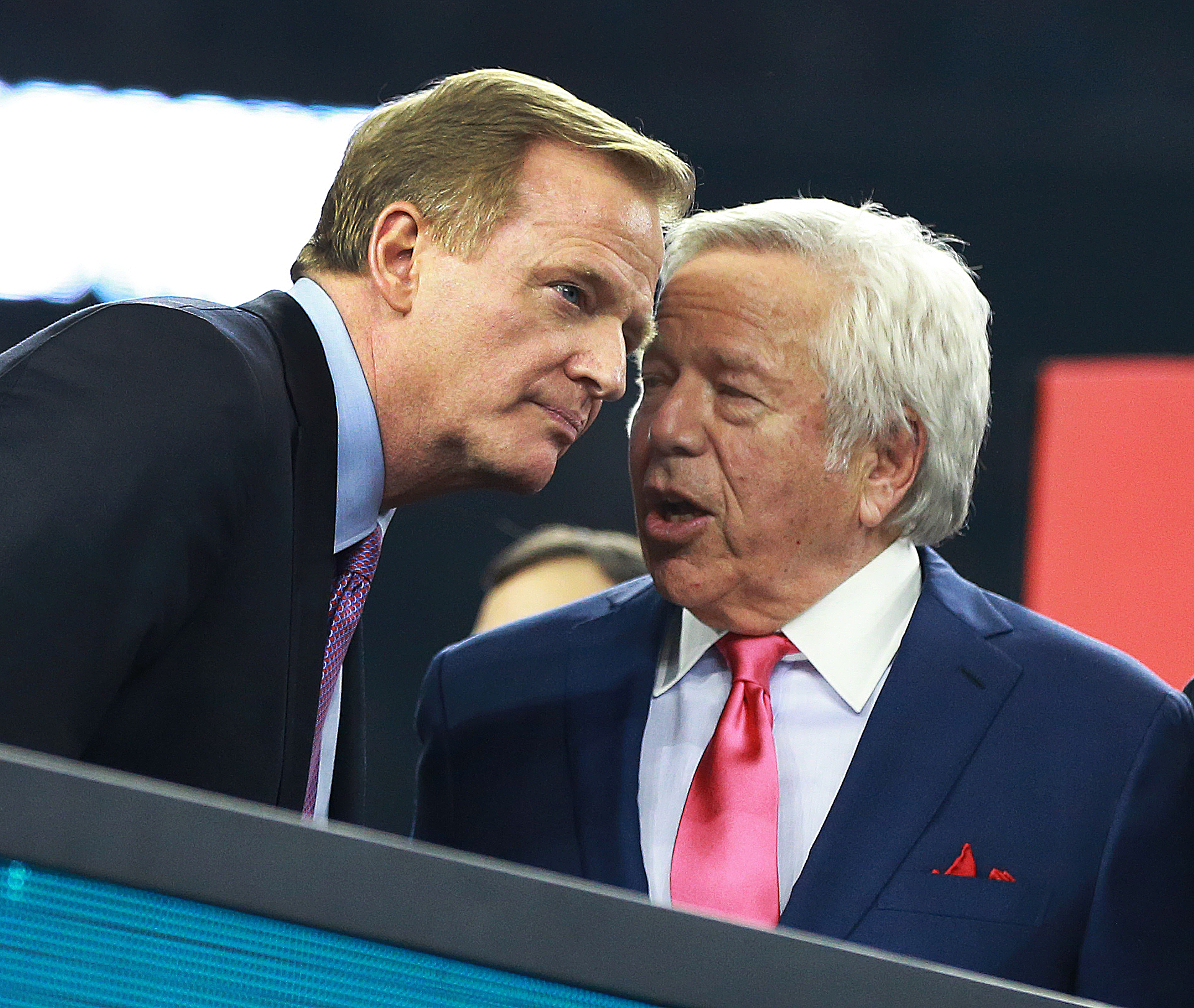 NFL commissioner Roger Goodell was on stage with Robert Kraft and the Super Bowl-winning Patriots in February.