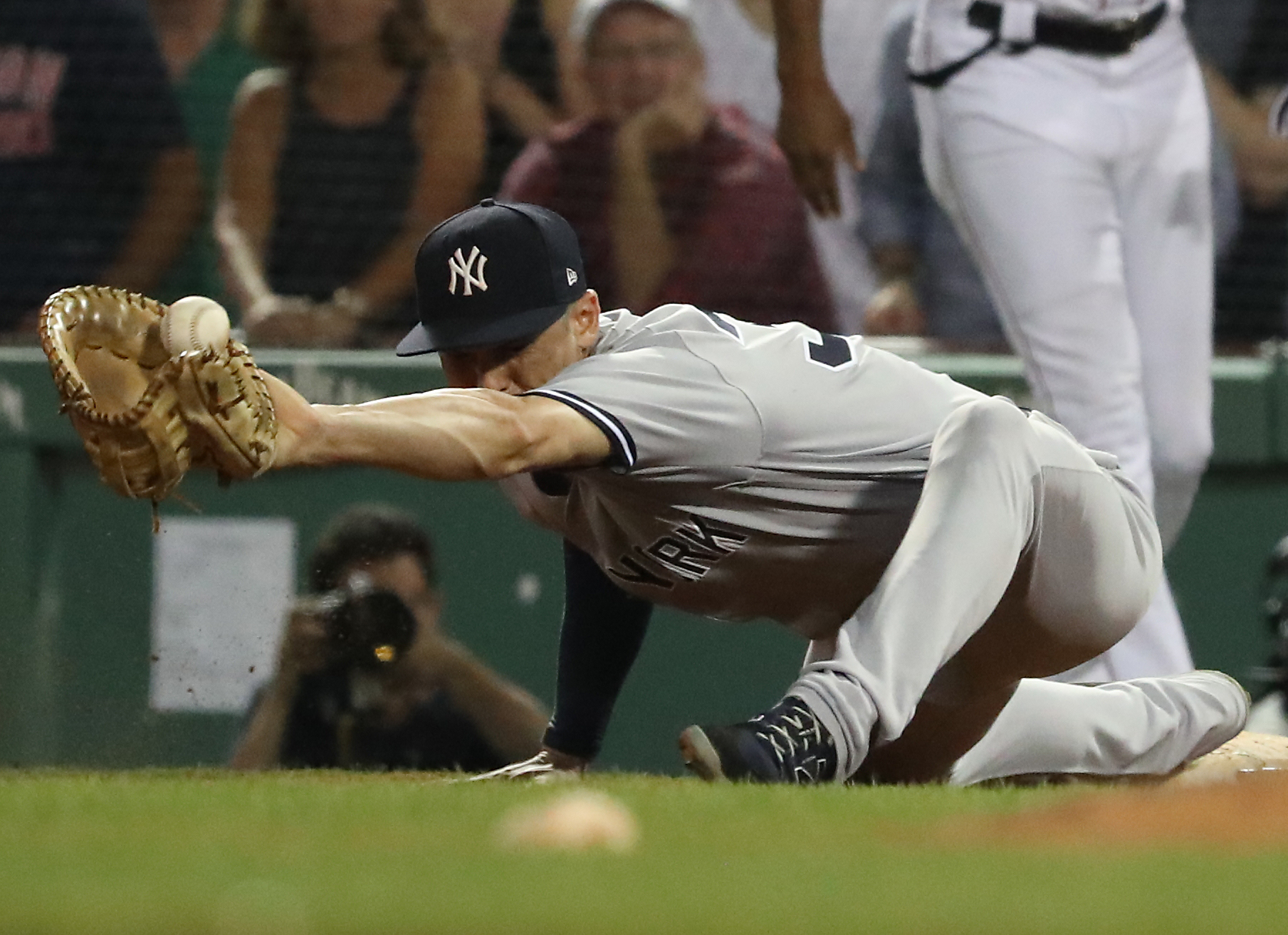 Yankees first baseman Greg Bird was unable to catch a throw from third baseman Miguel Andjuar, allowing pinch-runner Jackie Bradley Jr. to score the tying run in the ninth.