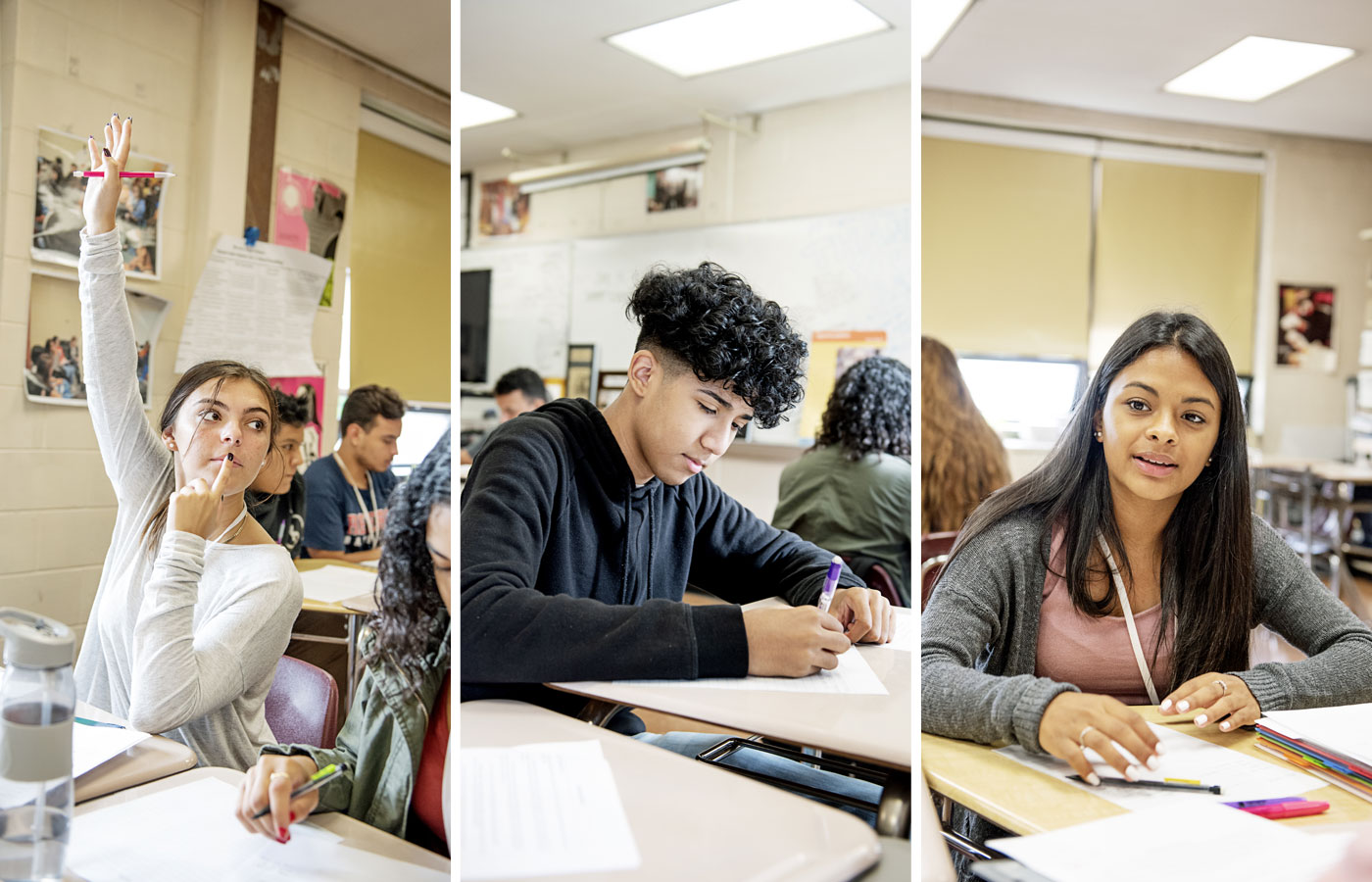 At Revere High School, students use the show “The Walking Dead” to study English concepts, instead of classic texts. From left: Students Jenna Geraci, Michael Guzman, and Joselyn Bonilla Rosales.