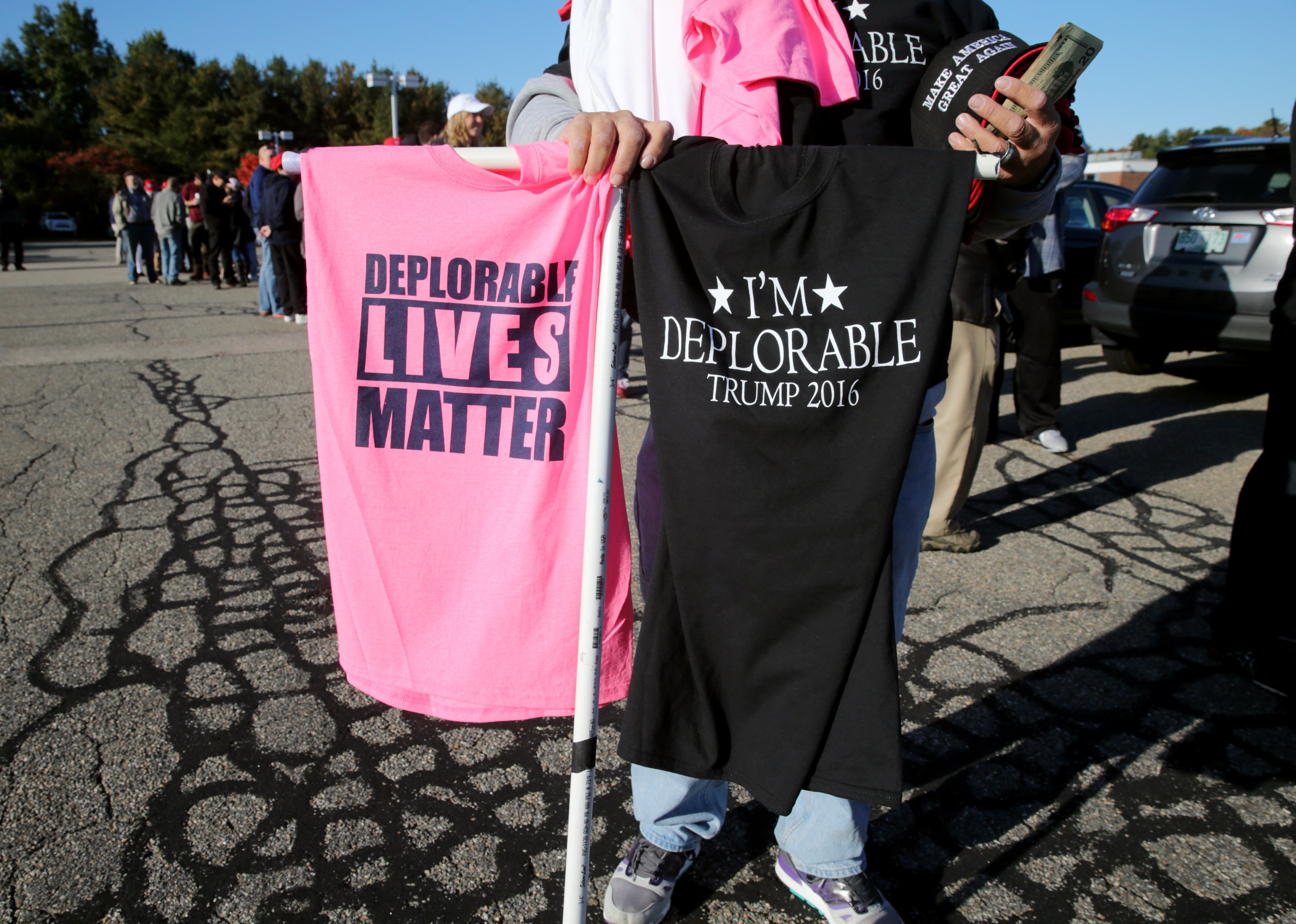 Vendors sold shirts backing Trump outside the Portsmouth rally.