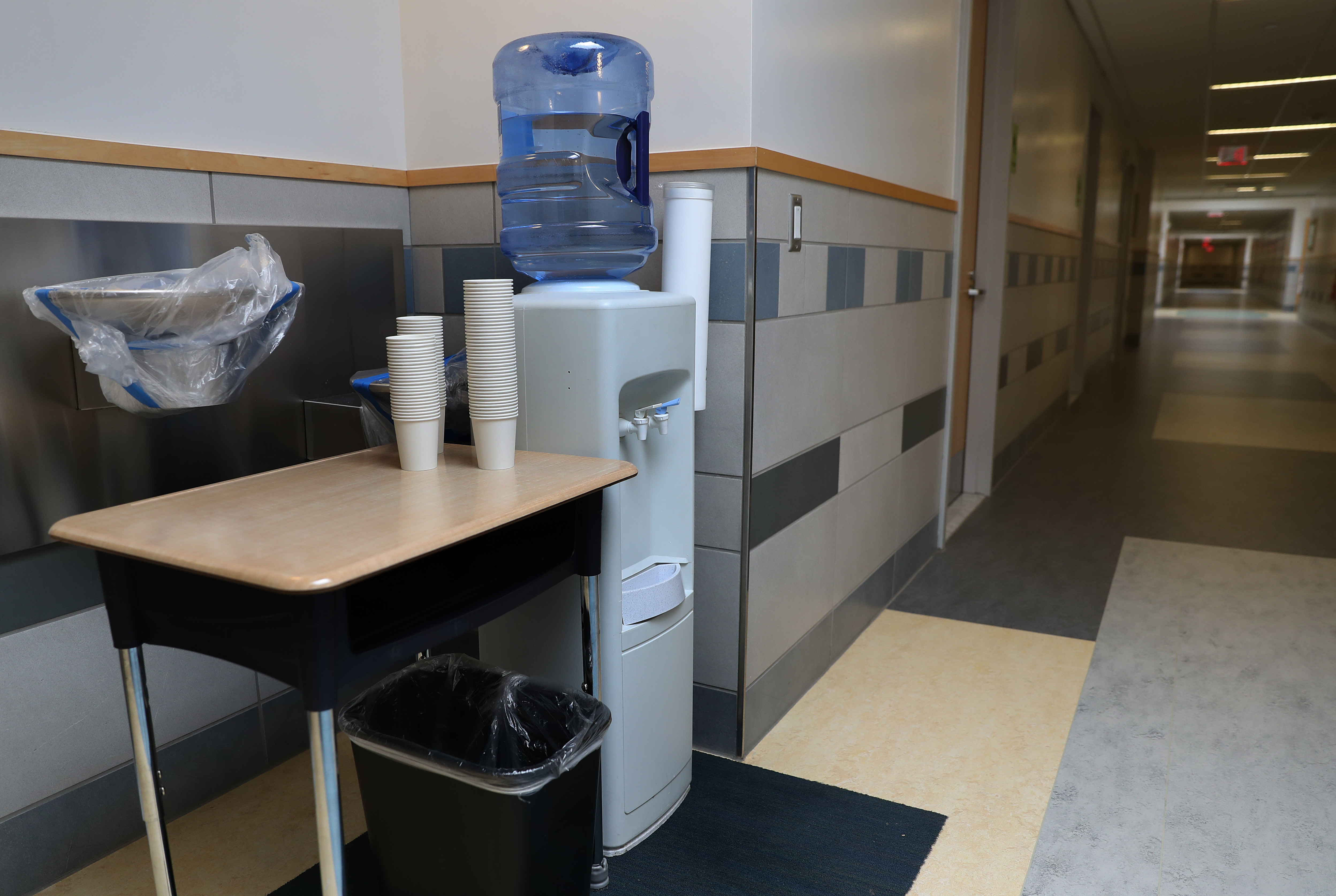 Bottled water is available for students and staff at The Center School in Stow.