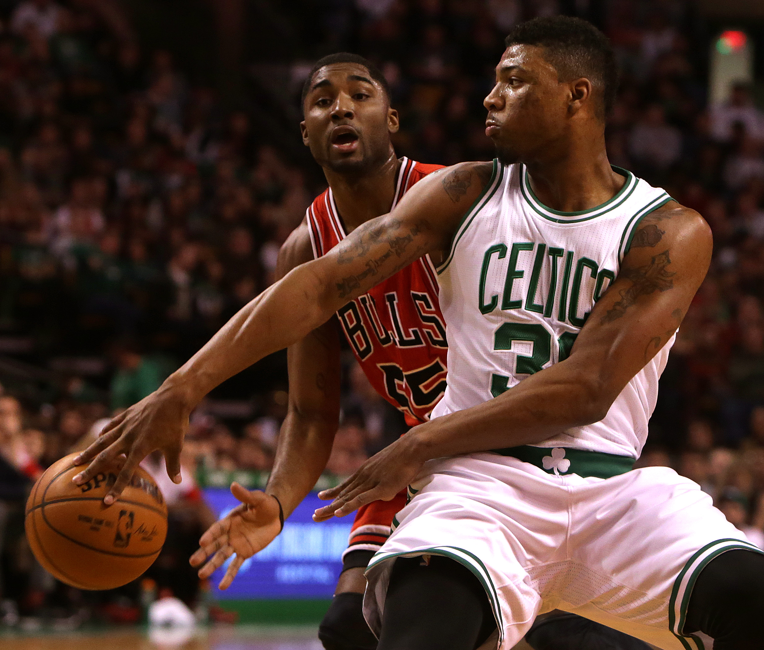 Celtics rookie Marcus Smart (36) is no longer surrounded by veteran leadership in the Celtics’ locker room.