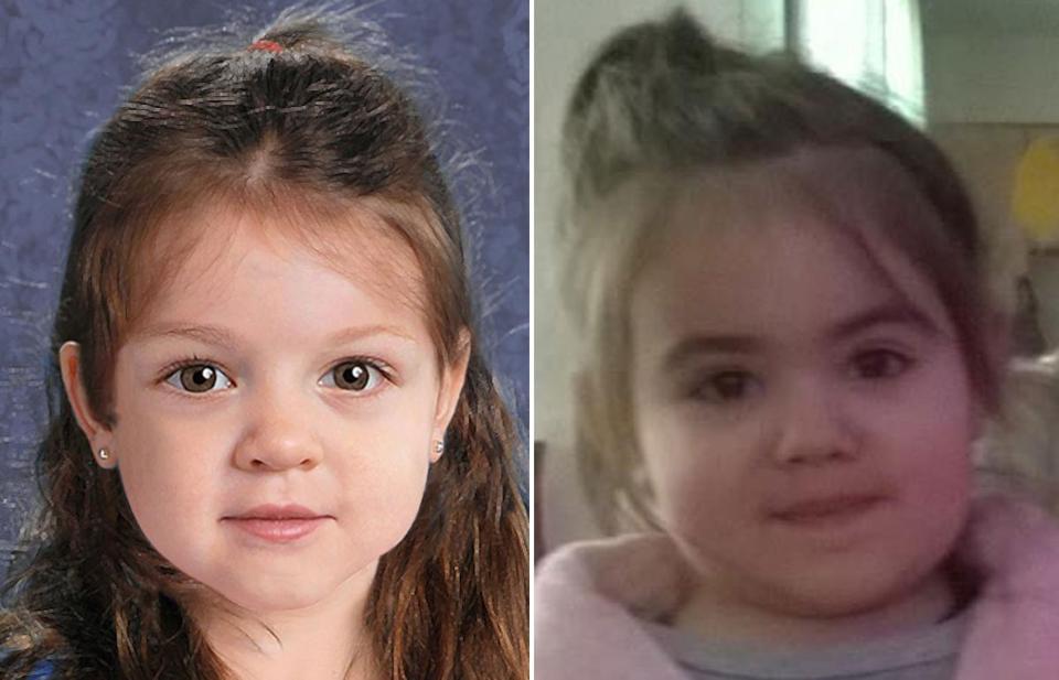 Bella Bond (right) was identified as Baby Doe, pictured in an artist’s rendering at left.