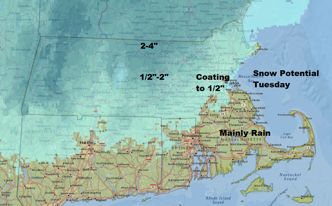 Light snow accumulations are possible Tuesday.