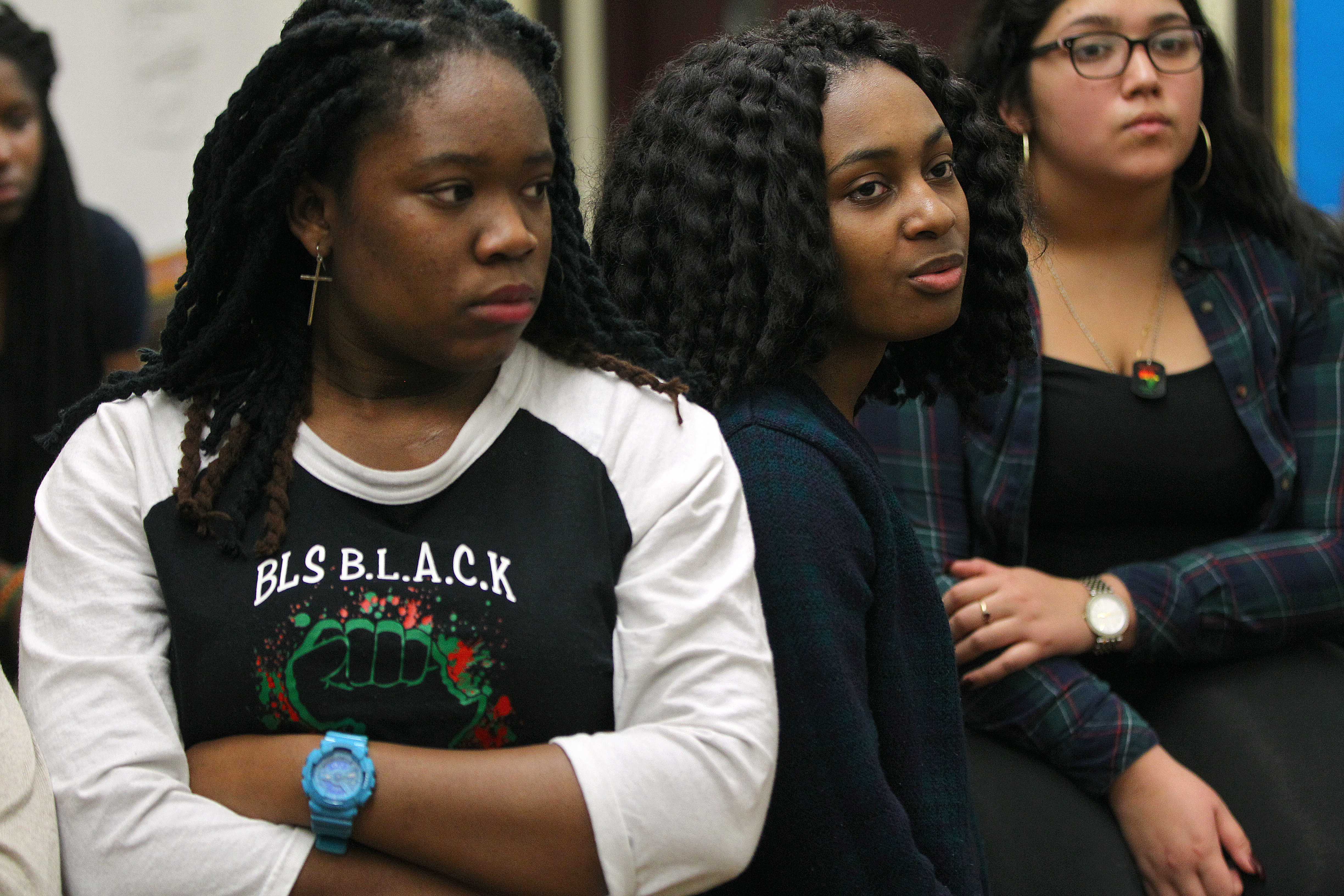 From left, BLS BLACK members Meggie Noel, Kylie Webster-Cazeau, and Avi Vasquez gathered for a meeting.
