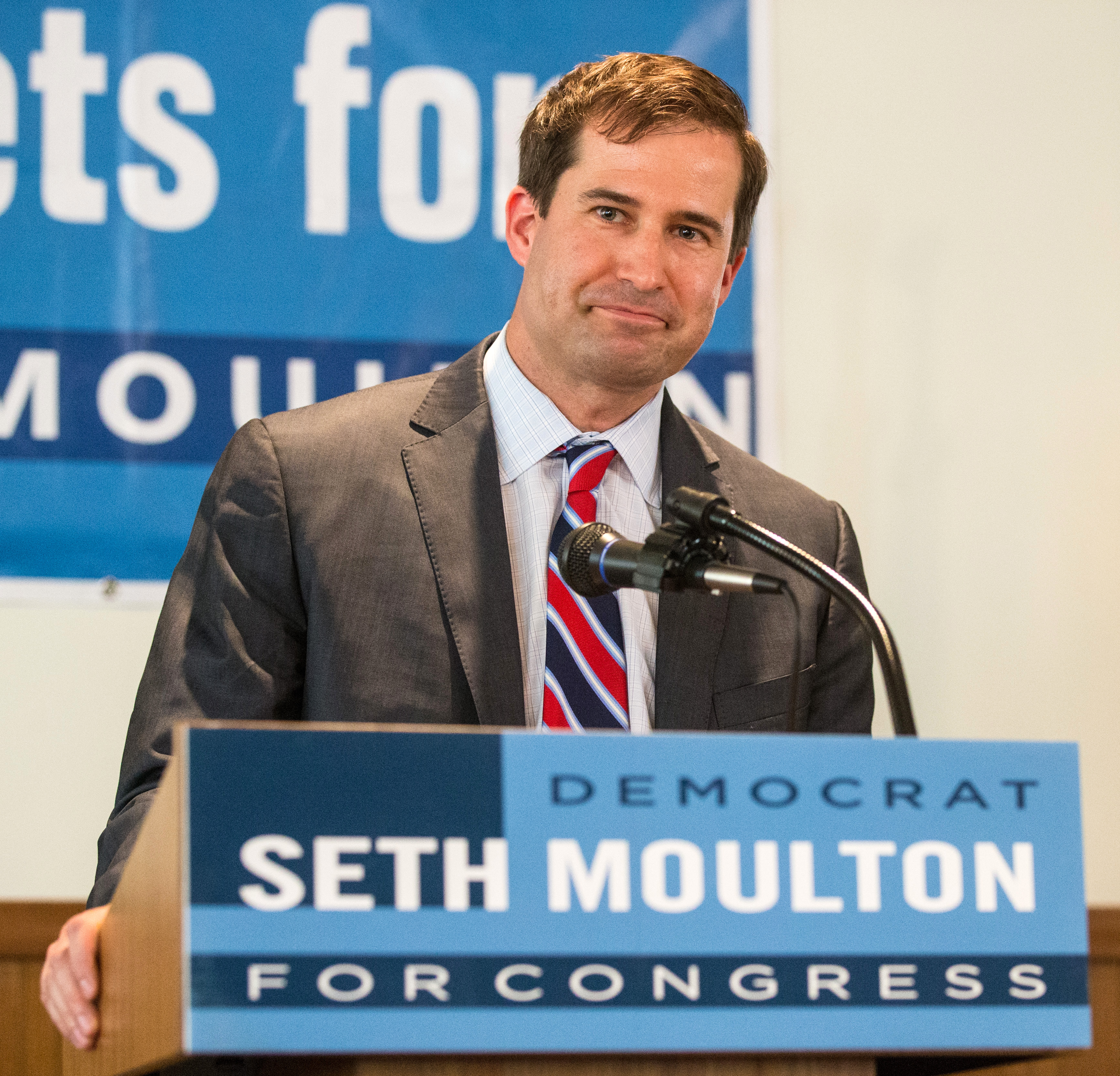 Seth Moulton spoke at a campaign event at the Elks-Peabody Lodge in Peabody Aug. 4.