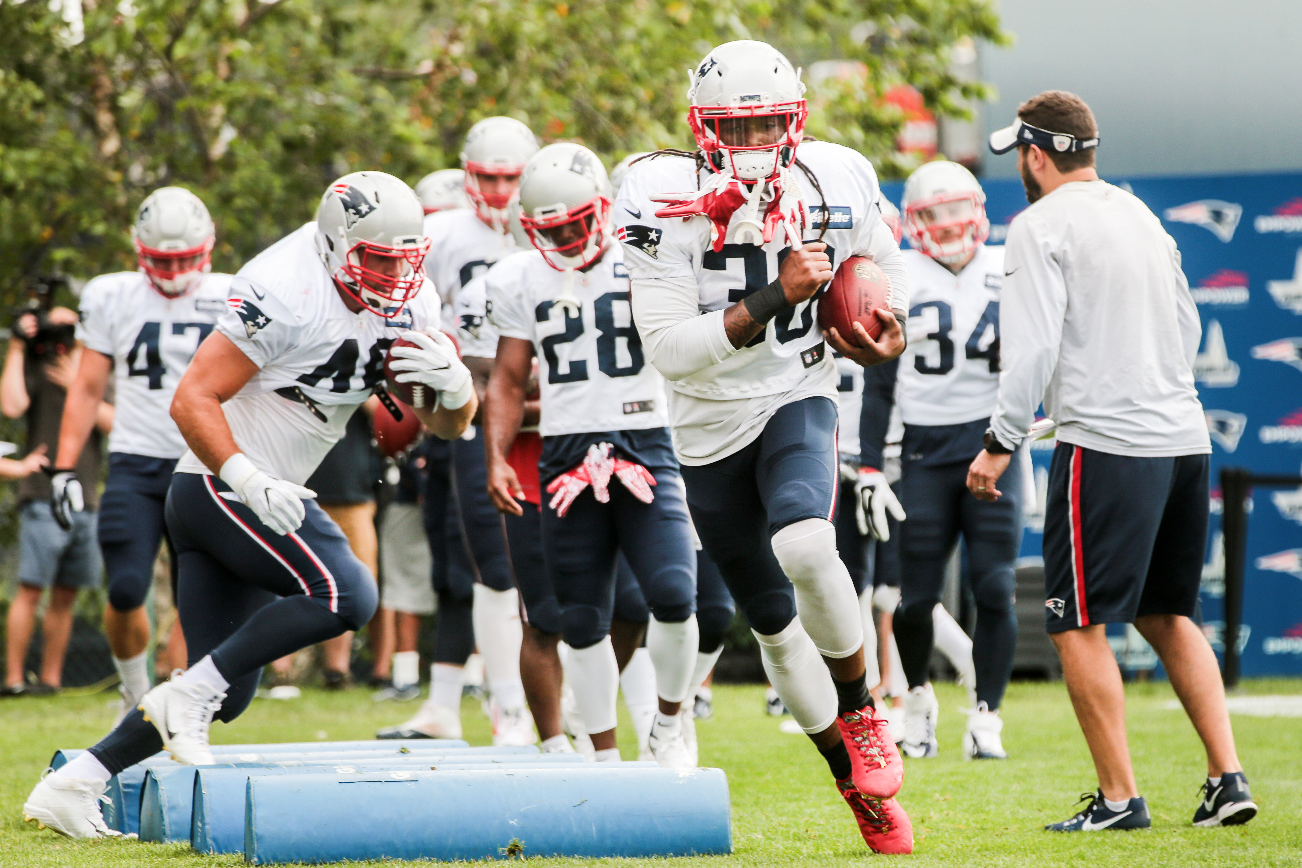 Brandon Bolden ran drills during a joint Patriots practice with the Jaguars held at Gillette Stadium.