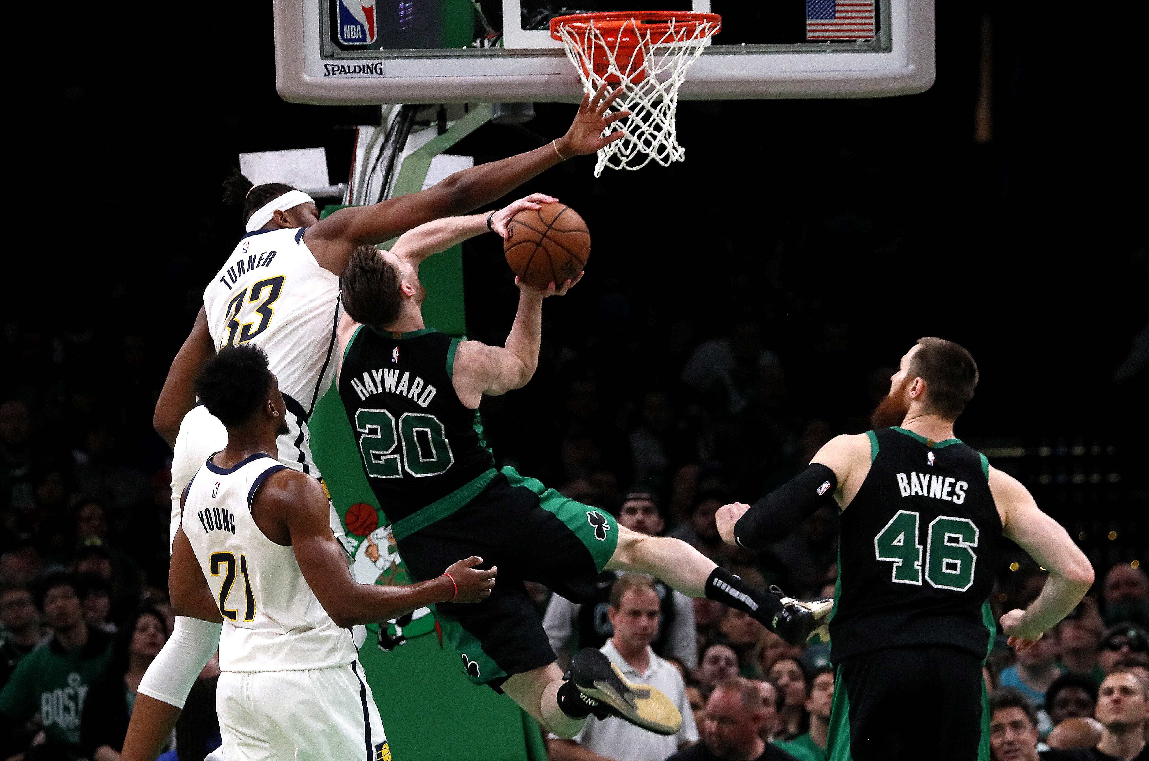The Pacers’ Myles Turner got whistled for fouling Gordon Hayward on a fourth-quarter drive.