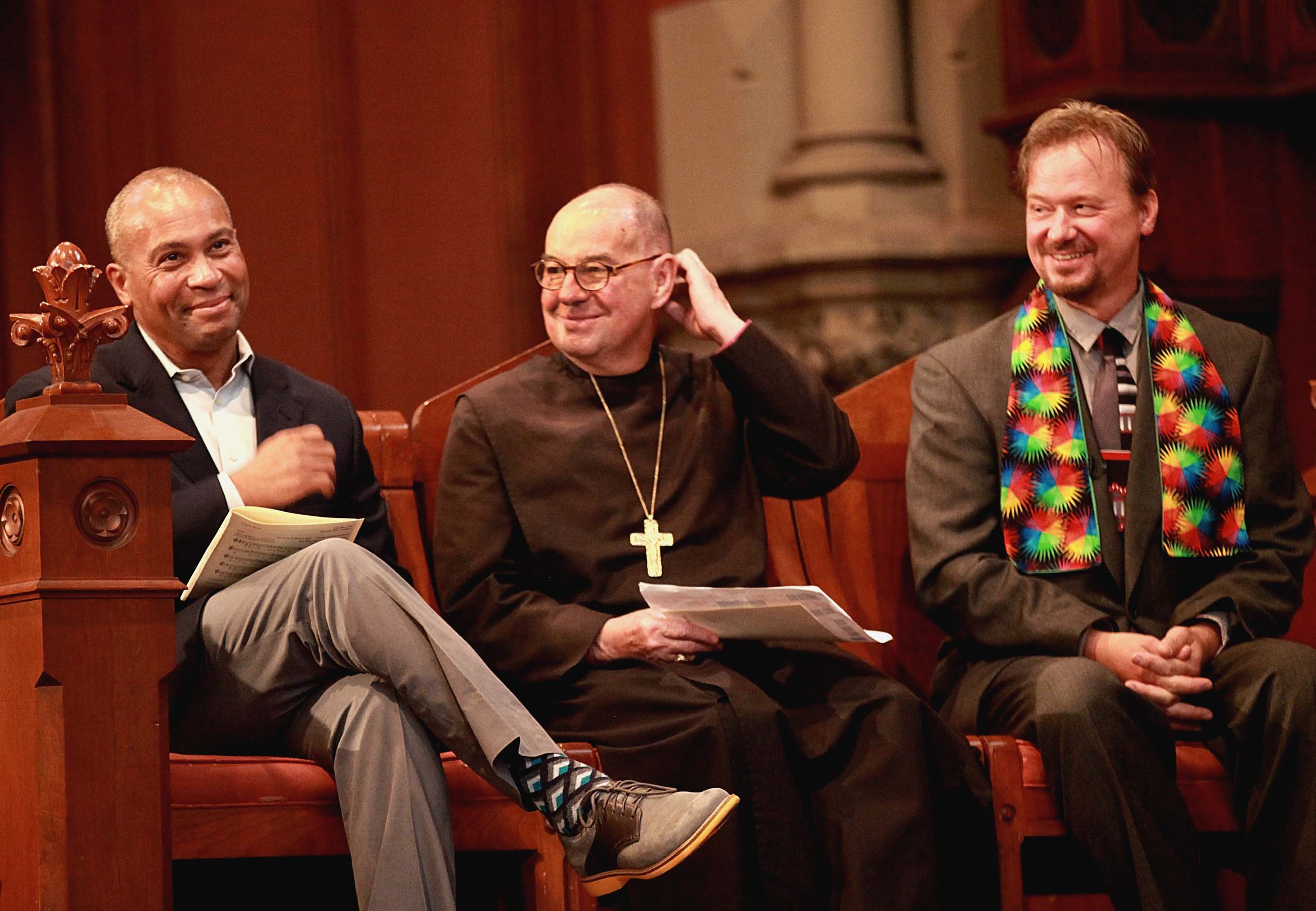 Governor Deval Patrick, Episcipal Bishop M. Thomas Shaw and Frank Schaefer, former Methodist minister, were recipients of the Open Door Awards during Pride Morning Worship at Old South Church in Boston in 2014.