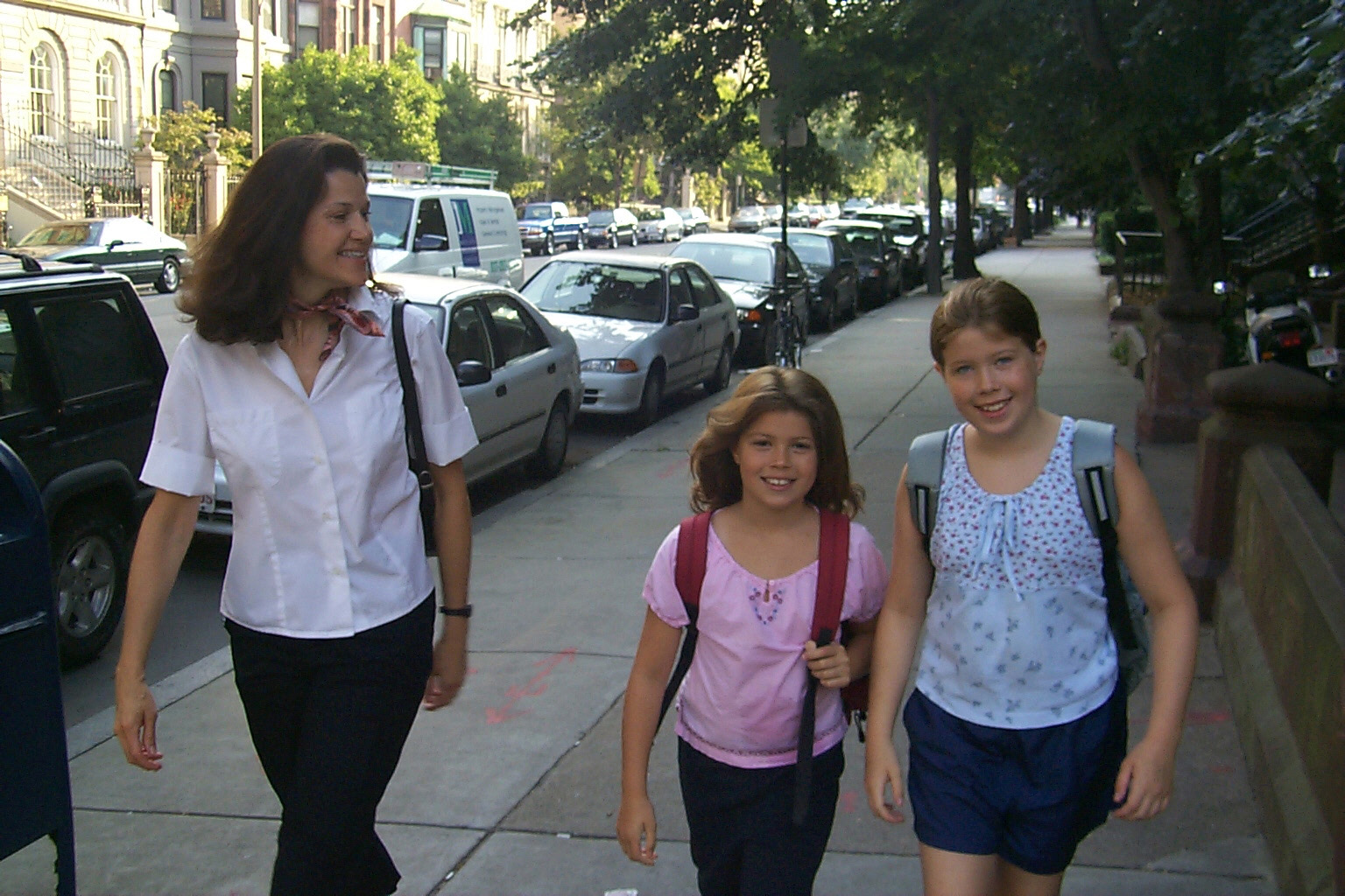 Laurie walking her daughters to school in Boston in 2000.